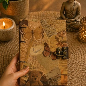 May include: A vintage journal with a brown leather cover, decorated with butterfly and teddy bear illustrations. The journal has a metal clasp and is held by a hand. The background includes a candle, a plant, and a Buddha statue.