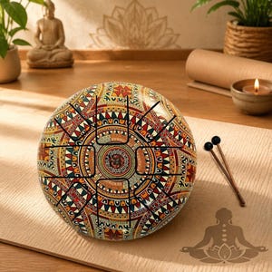 May include: A steel tongue drum with a colorful, intricate mandala design. The drum is round and sits on a beige mat. Two wooden drumsticks with black tips are next to the drum. The background includes a Buddha statue, plants, and a lit candle.