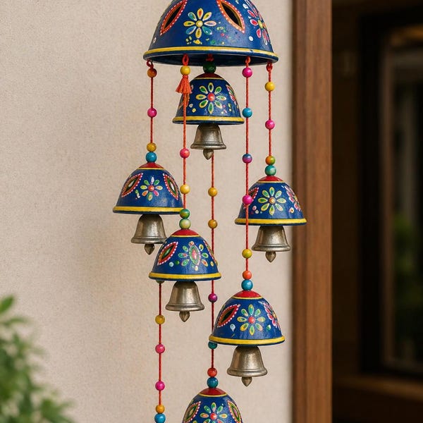 Handmade Indian Hanging Bells Wind Chime | Colorful Metal Bell Home Wall Décor