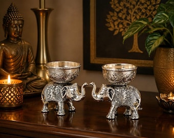 Set med torra elefantfruktskålar | Handgjorda skålhållare för elefanter i silverfinish | Diwali-present