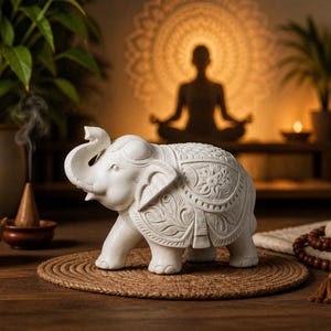 Puede incluir: Una estatua de elefante blanco tallada con intrincados detalles, sobre una esterilla tejida. El fondo incluye velas, plantas y una figura meditando, creando un ambiente sereno y espiritual, evocando paz y tranquilidad.