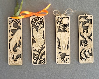 Marcapáginas de madera grabado con láser, elefante, ballena, mariposa, fénix y llama, regalo de naturaleza animal, compra 4 y llévate 1 gratis