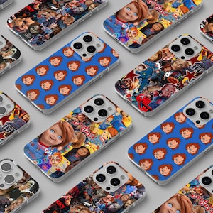 May include: A collection of phone cases featuring various designs. Some cases display a collage of images, while others showcase a repeating pattern of a character's face. The cases have a clear border and are designed for a smartphone.