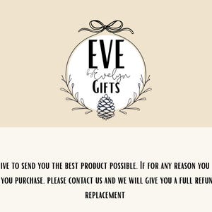 Puede incluir: El logotipo de Eve by Evelyn Gifts presenta la palabra "EVE" en negrita, letras negras, con "by Evelyn Gifts" en una fuente de escritura. El logotipo est&aacute; dentro de un &oacute;valo blanco, decorado con un lazo, hojas y una pi&ntilde;a. El texto de abajo indica la pol&iacute;tica de reembolso.