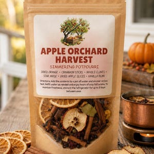May include: A brown kraft paper pouch of Apple Orchard Harvest simmering potpourri. The label features an apple tree illustration and lists ingredients including dried orange, cinnamon sticks, cloves, star anise, apple slices, and vanilla bean.