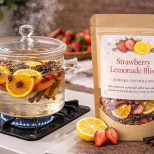 Puede incluir: Una olla de vidrio con rodajas de naranja y especias hierve a fuego lento en una estufa de gas. Una bolsa de popurr&iacute; para hervir a fuego lento "Strawberry Lemonade Bliss" est&aacute; al lado, con fresas y rodajas de lim&oacute;n. El popurr&iacute; incluye fresas, lim&oacute;n y palitos de canela.