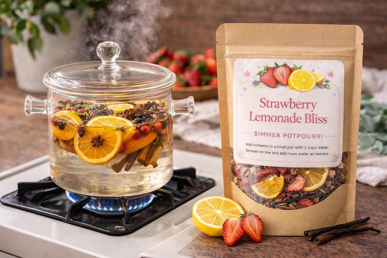 Puede incluir: Una olla de vidrio con rodajas de naranja y especias hierve a fuego lento en una estufa de gas. Una bolsa de popurr&iacute; para hervir a fuego lento "Strawberry Lemonade Bliss" est&aacute; al lado, con fresas y rodajas de lim&oacute;n. El popurr&iacute; incluye fresas, lim&oacute;n y palitos de canela.