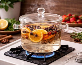 Caldera de vidrio transparente con tapa / Calentador de popurrí para estufa, decoración de cocina y fragancias para el hogar