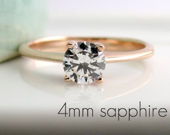 Witte saffier devotie ring, roségouden verlovingsring, witte saffier solitaire ring, roségouden witte saffier ring, belofte ring, D340R