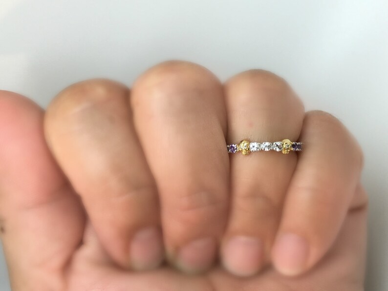 Gemstone skull ring, amethyst gemstones, white sapphire gemstones, unique wedding ring, eternity gemstone stack ring, Customizable image 3