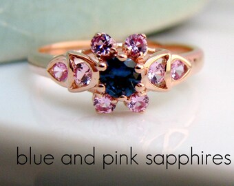 Saffier Ring - blauwe en roze saffieren - 18K Rose goud vergulde 925 Sterling Zilver - bruiloft verlovingsring - aangepaste opties beschikbaar