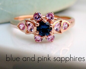 Sapphire Ring - Blue and Pink Sapphires - 18K Rose Gold Plated 925 Sterling Silver - Wedding Engagement Ring - Customized Options Available