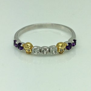 Gemstone skull ring, amethyst gemstones, white sapphire gemstones, unique wedding ring, eternity gemstone stack ring, Customizable image 1