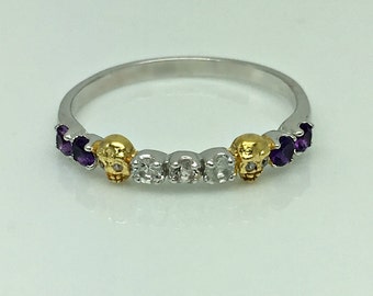 Gemstone skull ring, amethyst gemstones, white sapphire gemstones, unique wedding ring, eternity gemstone stack ring, Customizable