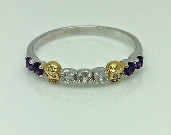 Edelsteen schedelring, amethist edelstenen, witte saffier edelstenen, unieke trouwring, eeuwigheid edelsteen stapelring, aanpasbaar