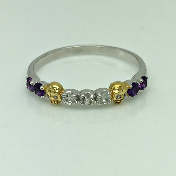 Gemstone skull ring, amethyst gemstones, white sapphire gemstones, unique wedding ring, eternity gemstone stack ring, Customizable