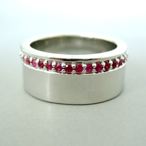 Fire cracker red ruby eternity band, ruby eternity ring, wide sterling silver band, unique wedding band, ruby wedding band, wide ruby ring