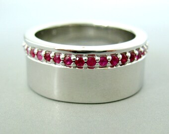 Fire cracker red ruby eternity band, ruby eternity ring, wide sterling silver band, unique wedding band, ruby wedding band, wide ruby ring