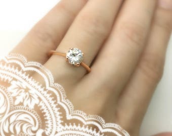 Solitaire 14K rose gold engagement ring, white sapphire ring, diamond like stack ring, natural gemstone 1 carat ring (D34014K-6mm)