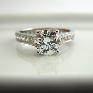 Diamond Engagement Wedding Ring - 1 Carat Diamond Center Stone - 14K White Gold - Customized or Personalized or Engraved Ring Available
