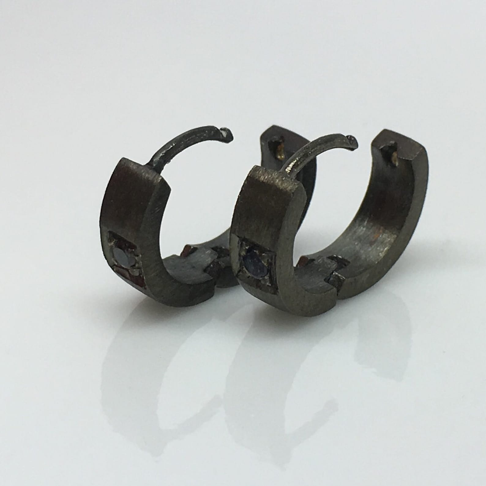 Men's Hoop Earrings, Deep Noir Hoop Earrings, Black Sapphires Set in