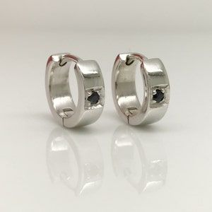 Men&#39;s hoop earrings, deep space black sapphire hoop earrings, sterling silver hoop earrings, black sapphire gemstone hoop earrings, E151 SW