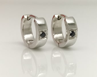 Men's hoop earrings, deep space black sapphire hoop earrings, sterling silver hoop earrings, black sapphire gemstone hoop earrings, E151 SW