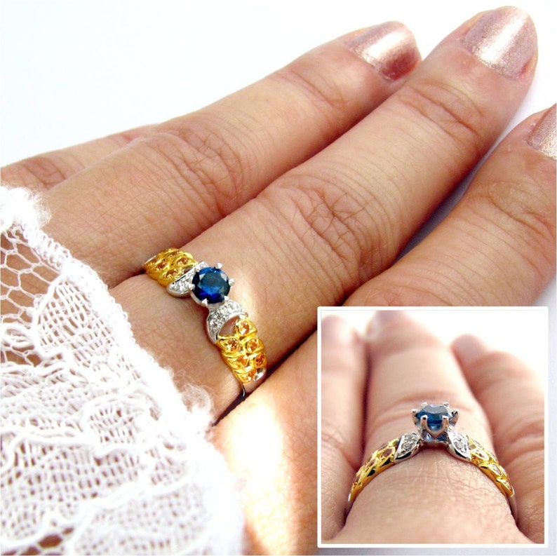 Sapphire Ring Blue White Yellow Sapphires 18K Gold Plated 925 Sterling Silver Wedding Engagement Ring Customized Options Available image 3