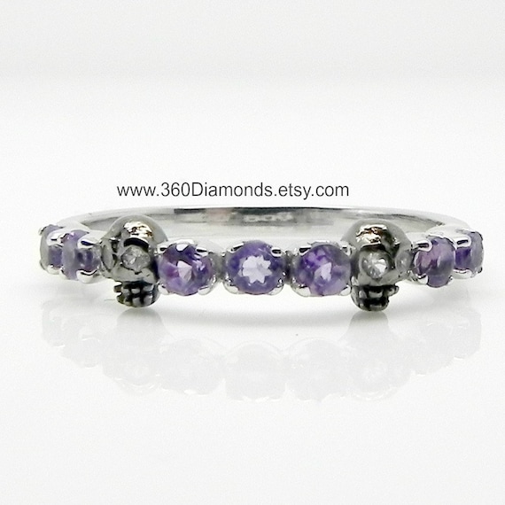 Tiny Skull Ring - Skull Wedding Ring -  Amethyst and White Sapphire Eyes - Skull Engagement Ring - 14K Gold Skull Jewelry