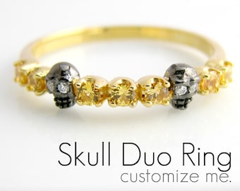 Custom Skull Ring - Half Eternity Skull Duo ALL Sapphire - Engagement Stack Ring - Alternative Wedding Ring - Tiny Skull - D315SK Custom