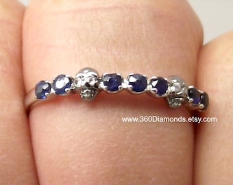 Skull ring, Azteekse schat skull ring, blauwe saffier schedel eeuwigheid ring, silver skull ring, schedel verlovingsring, stapelbare ring