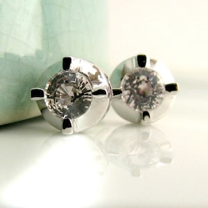 Lucid halcyon sapphire stud earrings, men&#39;s stud earrings, white sapphire stud earrings, sterling silver earrings, 5mm stud earrings, D303W