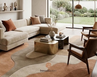Modern Abstract Wool Rug, Neutral Beige Terracotta Area Rug, Hand Tufted Wavy Rug, Contemporary Living Room Carpet, Minimalist Home Decor