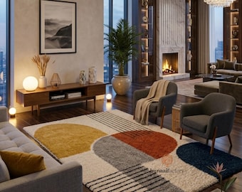 Modern abstract tapijt uit het midden van de eeuw, vloerkleed geometrisch boogvorm, handgetuft wollen tapijt, eigentijds woonkamertapijt, designer woondecoratie
