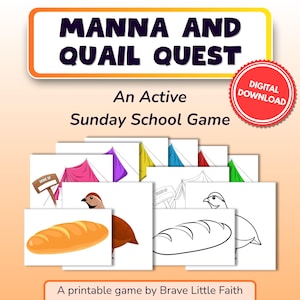 以下が含まれることがあります： 「Manna and Quail Quest」というタイトルのデジタルダウンロードゲーム。テント、パン、鳥のカラフルなイラストが特徴です。このゲームは、アクティブな日曜学校ゲームとして説明されており、「デジタルダウンロード」バッジが付いています。