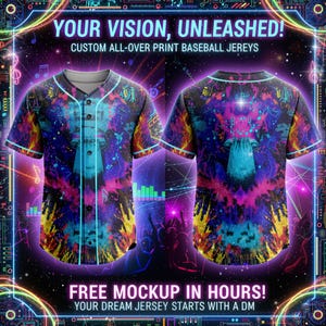 Puede incluir: Dos camisetas de béisbol con un diseño de estampado integral vibrante. Las camisetas presentan una parte delantera abotonada y un patrón colorido con notas musicales y formas abstractas. El texto de la imagen dice "YOUR VISION, UNLEASHED!" y "FREE MOCKUP IN HOURS!"