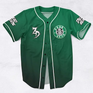 May include: Green baseball jersey with white trim and black buttons. The jersey features the text "ZEDS DEAD" in a Starbucks-inspired logo on the chest, and "DEAD BEATS" on the sleeves. A stylized "Z" logo is on the left chest.