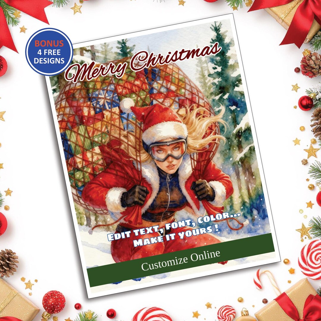 Editable Christmas Card Template, Skiing Santa, INSTANT DOWNLOAD ...