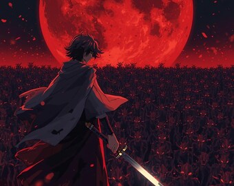 Epic Samurai Warrior Battle Print, Digital Dark Fantasy Artwork