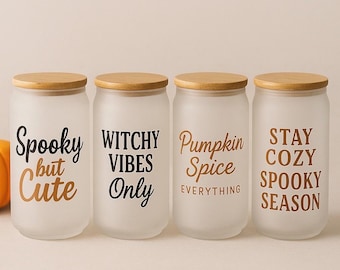 Spooky But Cute Frosted 16 oz Glass Can | Puff Vinyl Cup | Iced Coffee Glass with Bamboo Lid | Halloween Tumbler | Cozy Fall Drinkware Gift