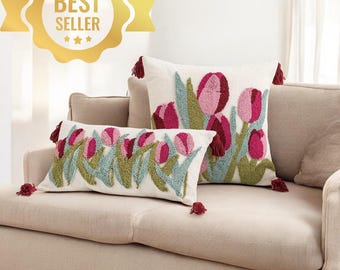 Floral Cushion Cover with Pink Tulips ,Farmhouse Pillow Case, Vintage Flower Decor, Sofa & Bedroom Accent, Zipper Closure, 50x50cm / 60x30cm