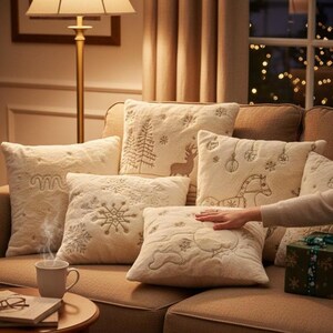 Pu&ograve; includere: Una collezione di cuscini decorativi color crema con ricami a tema festivo, tra cui un fiocco di neve, un albero di Natale e una renna. I cuscini sono disposti su un divano marrone, creando un'atmosfera accogliente e festosa.