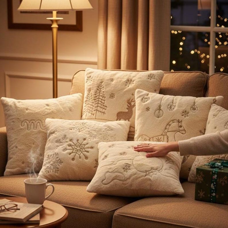 Pu&ograve; includere: Una collezione di cuscini decorativi color crema con ricami a tema festivo, tra cui un fiocco di neve, un albero di Natale e una renna. I cuscini sono disposti su un divano marrone, creando un'atmosfera accogliente e festosa.