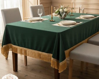 Obrus ​​z aksamitu w kolorze szmaragdowej zieleni, luksusowy obrus ze złotymi frędzlami, elegancki prostokątny obrus do jadalni, dekoracja stołu na święta, wesele w Boże Narodzenie