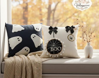 Uroczy pokrowiec na poduszkę z motywem ducha na Halloween, pikowana poduszka BOO z motywem pajęczyny, upiorna poduszka dekoracyjna, czarno-biała dekoracja jesienna na kanapę
