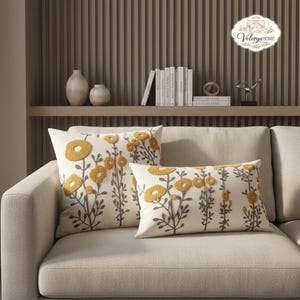 Housse de coussin capitonnée florale moutarde 18 x 18, housse de coussin texturée en coton lin, taie d'oreiller de ferme bohème, décoration de salon