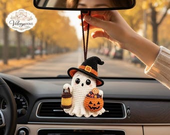 Szydełkowa zawieszka do samochodu w kształcie ducha, ozdoba na lusterko wsteczne na Halloween, urocza, upiorna dynia wisząca, akcesorium do samochodu w kształcie ducha amigurumi