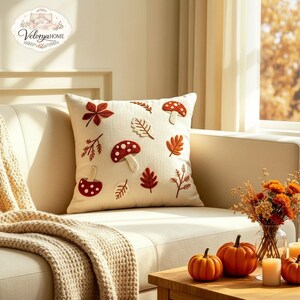 Autumn Mushroom Pillow Cover, Embroidered Fall Cushion, Cottagecore Forest Decor, Maple Leaf Throw Pillow, Cozy Seasonal Home Decor