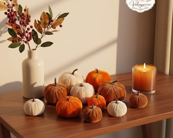 Zestaw 9 aksamitnych dyń, sztuczna jesienna dekoracja dyniowa, dekoracje stołu na Halloween, przytulny wystrój domu na jesienne żniwa