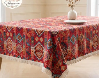 Boho żakardowy obrus, vintage'owy obrus z kwiatowymi i geometrycznymi motywami, rustykalny wystrój jadalni w stylu wiejskim, prostokątny obrus z frędzlami